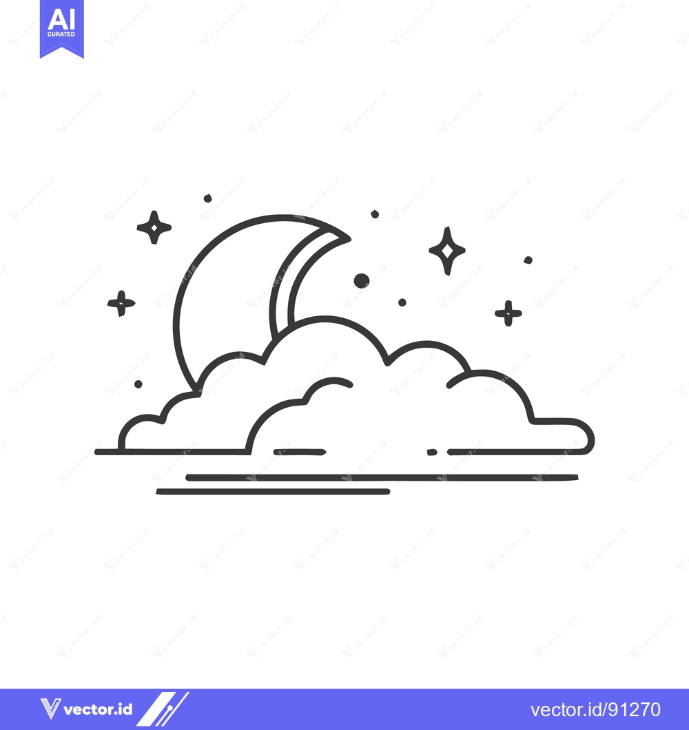 Premium Vector of Minimalist Moon and Clouds Icon with Stars in Line Art Style