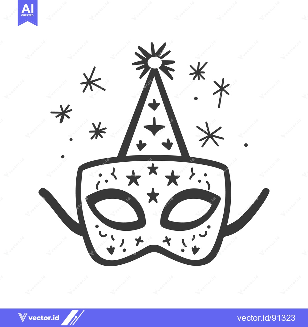 Premium Vector of An illustrated mask with a pointed hat and starbursts design