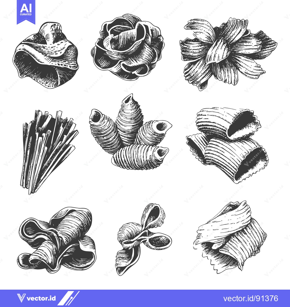 Premium Vector dari Detailed black and white illustrations of various pasta shapes