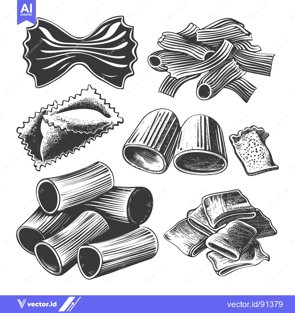 Premium Vector dari Various illustrated pasta shapes arranged against a white background a