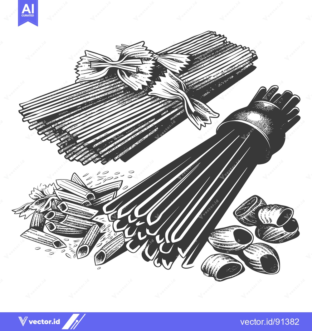 Premium Vector of A detailed artistic illustration depicts various types of uncooked pas