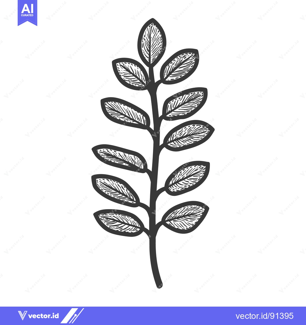 Premium Vector dari A single plant stem with leaves illustrated in a black and white desig