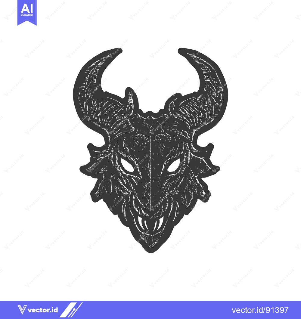 Premium Vector dari A detailed engraving depicting a demonic horned creature face
