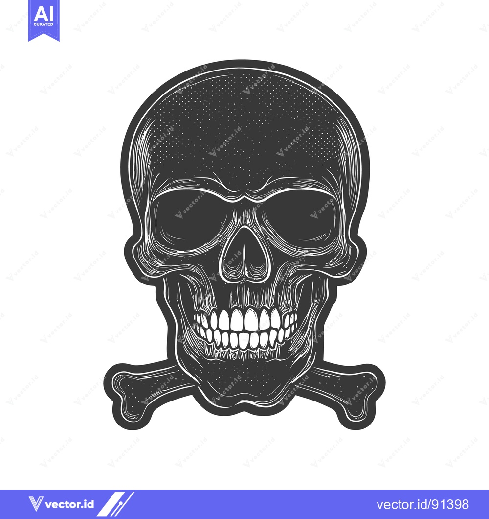 Premium Vector of Detailed monochrome illustration depicting a human skull with crossbon