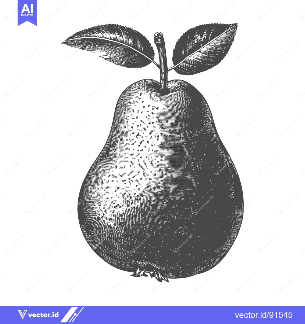 Premium Vector of Detailed monochrome illustration depicts a single pear with leaves on