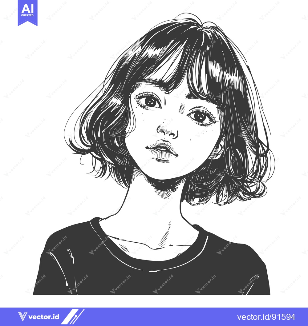 Premium Vector of Pen and Ink Illustration of a Woman with Short Wavy Hair