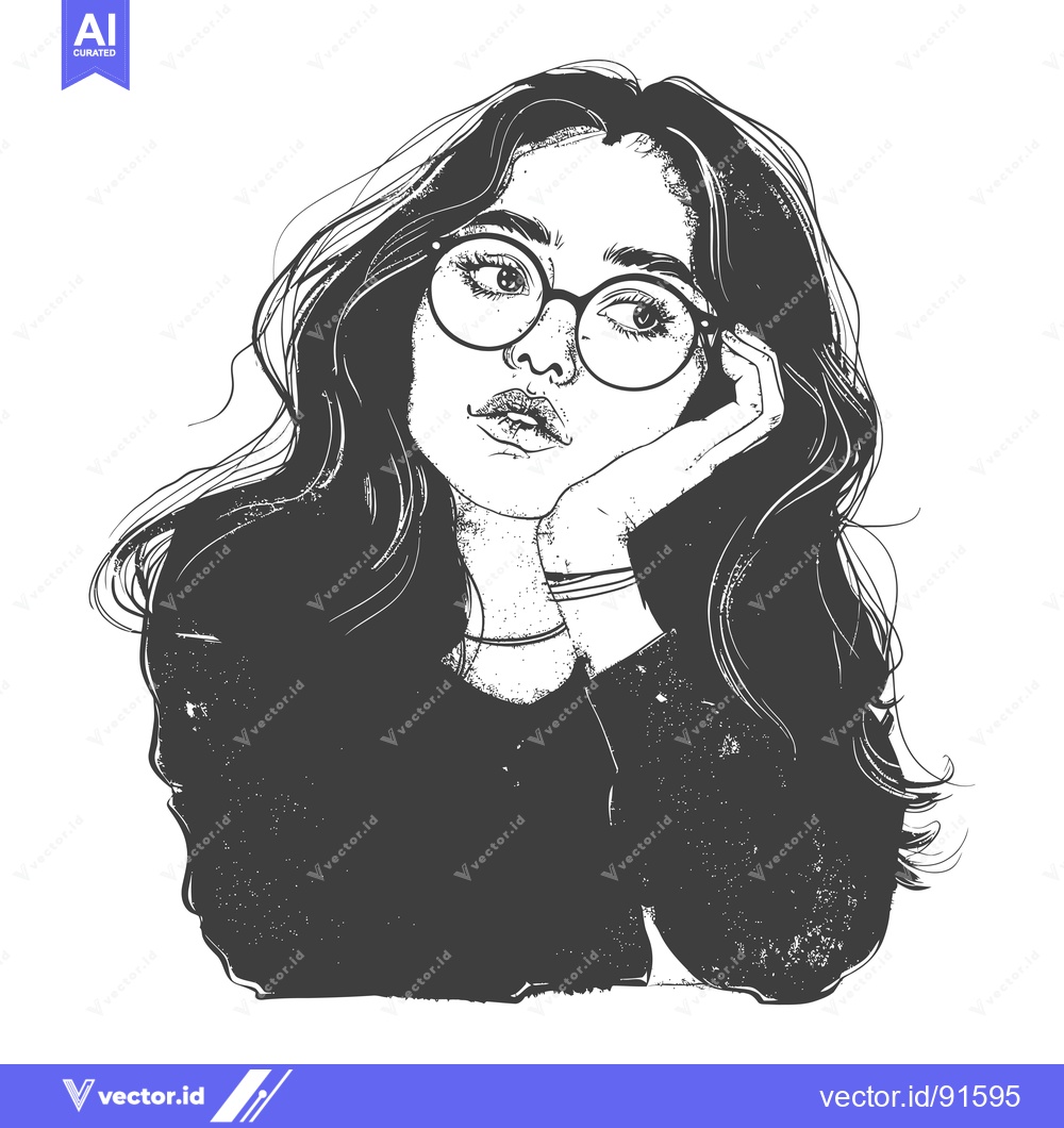 Premium Vector dari Pen and Ink Sketch of a Woman with Long Hair and Glasses