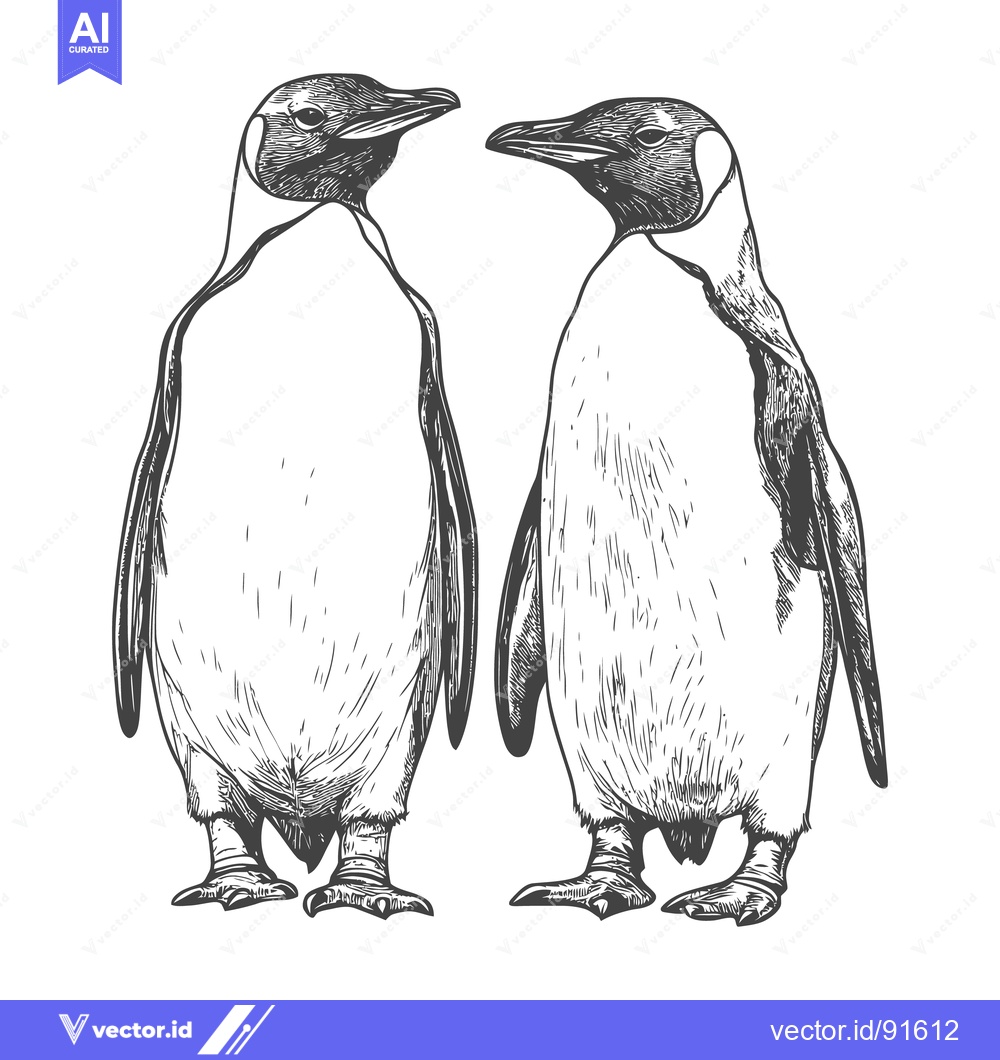 Premium Vector of Two emperor penguins stand together in a black and white illustration