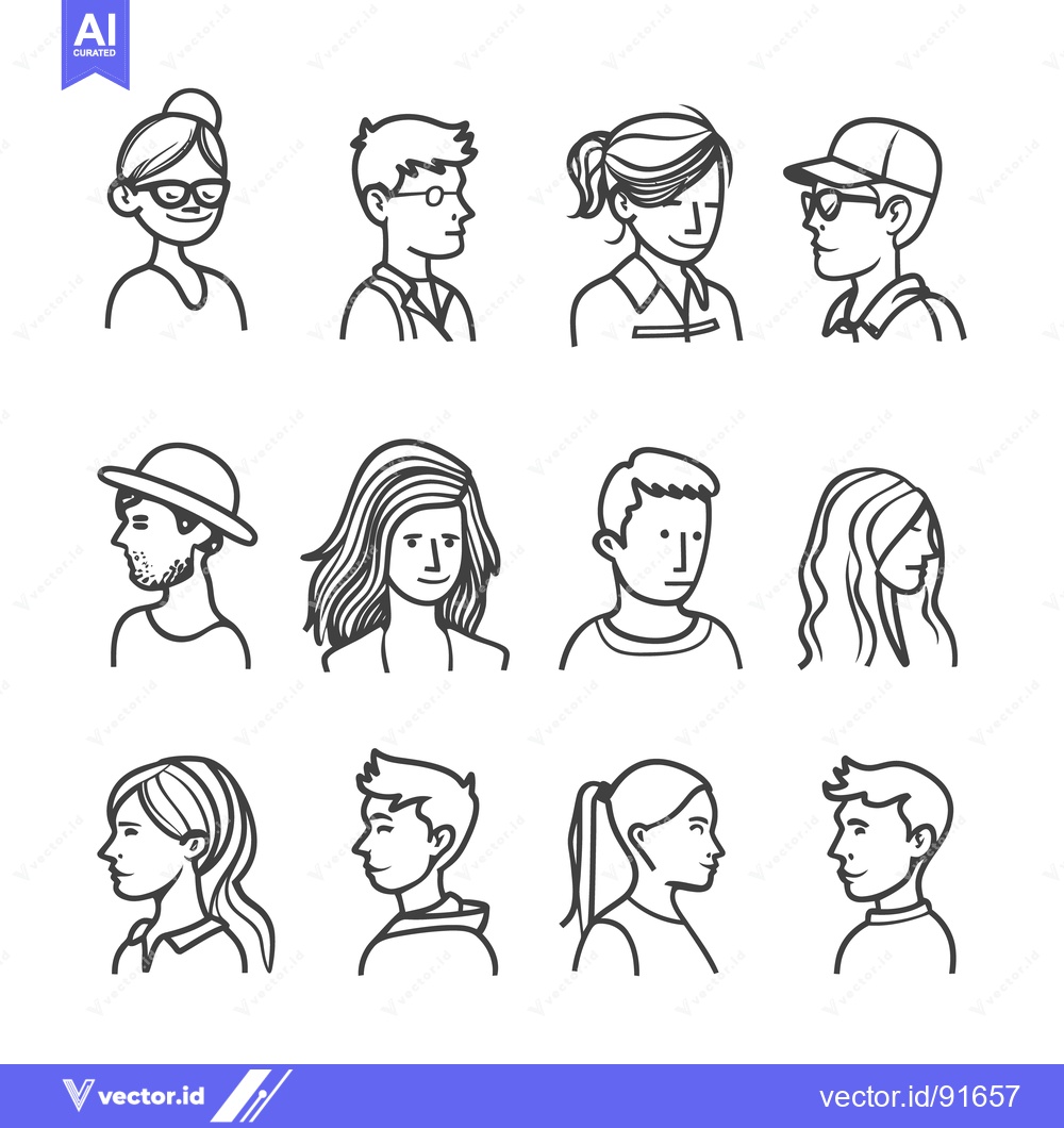 Premium Vector of Twelve illustrated portraits of different people in simple line art