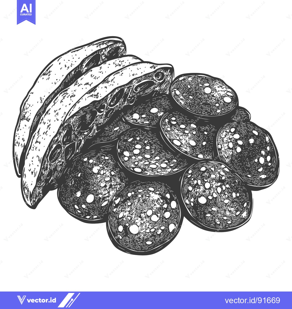 Premium Vector of Sliced sausage and bread displayed with a detailed artistic drawing