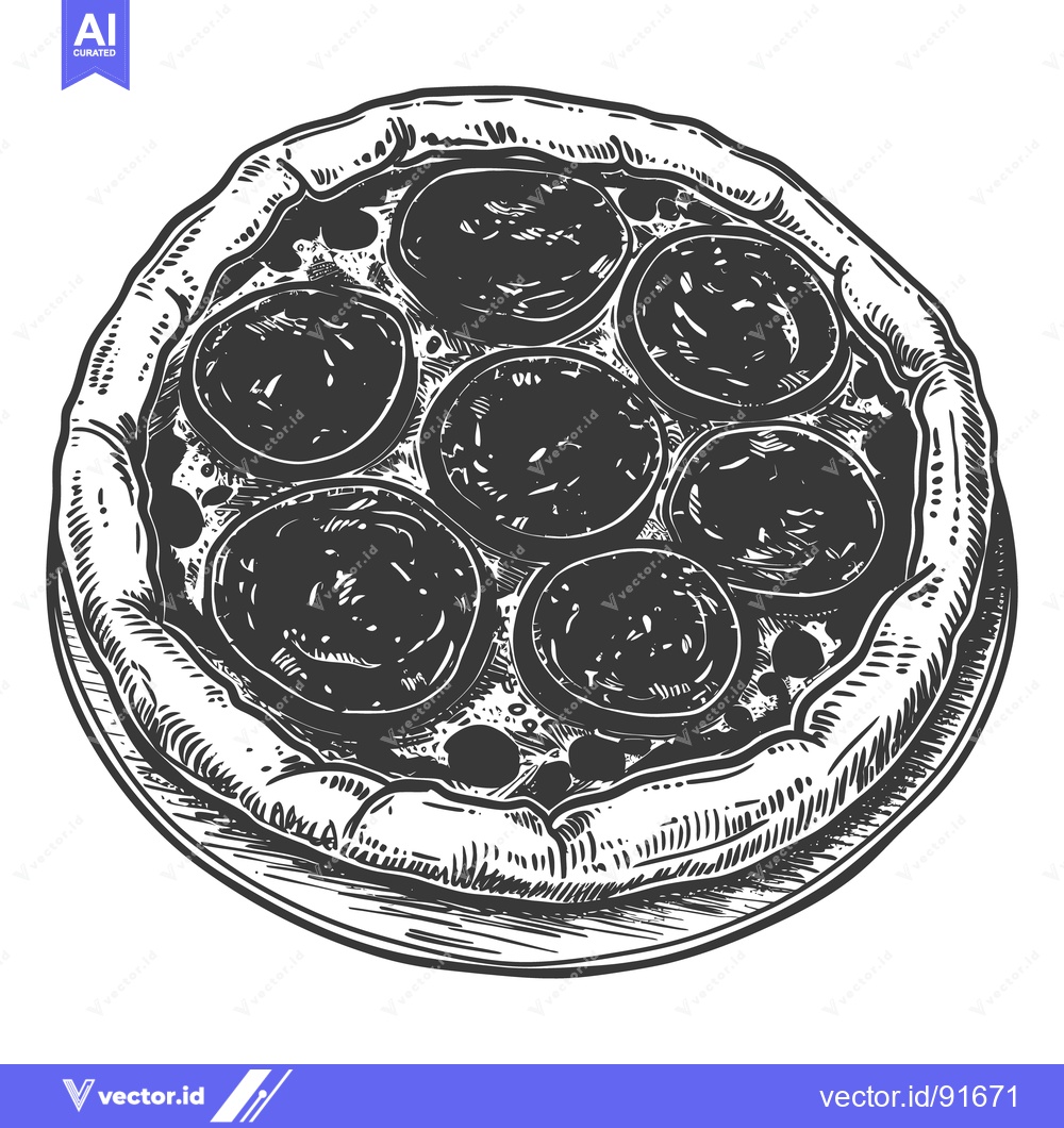 Premium Vector dari A round pizza with pepperoni shown in grayscale sketch art
