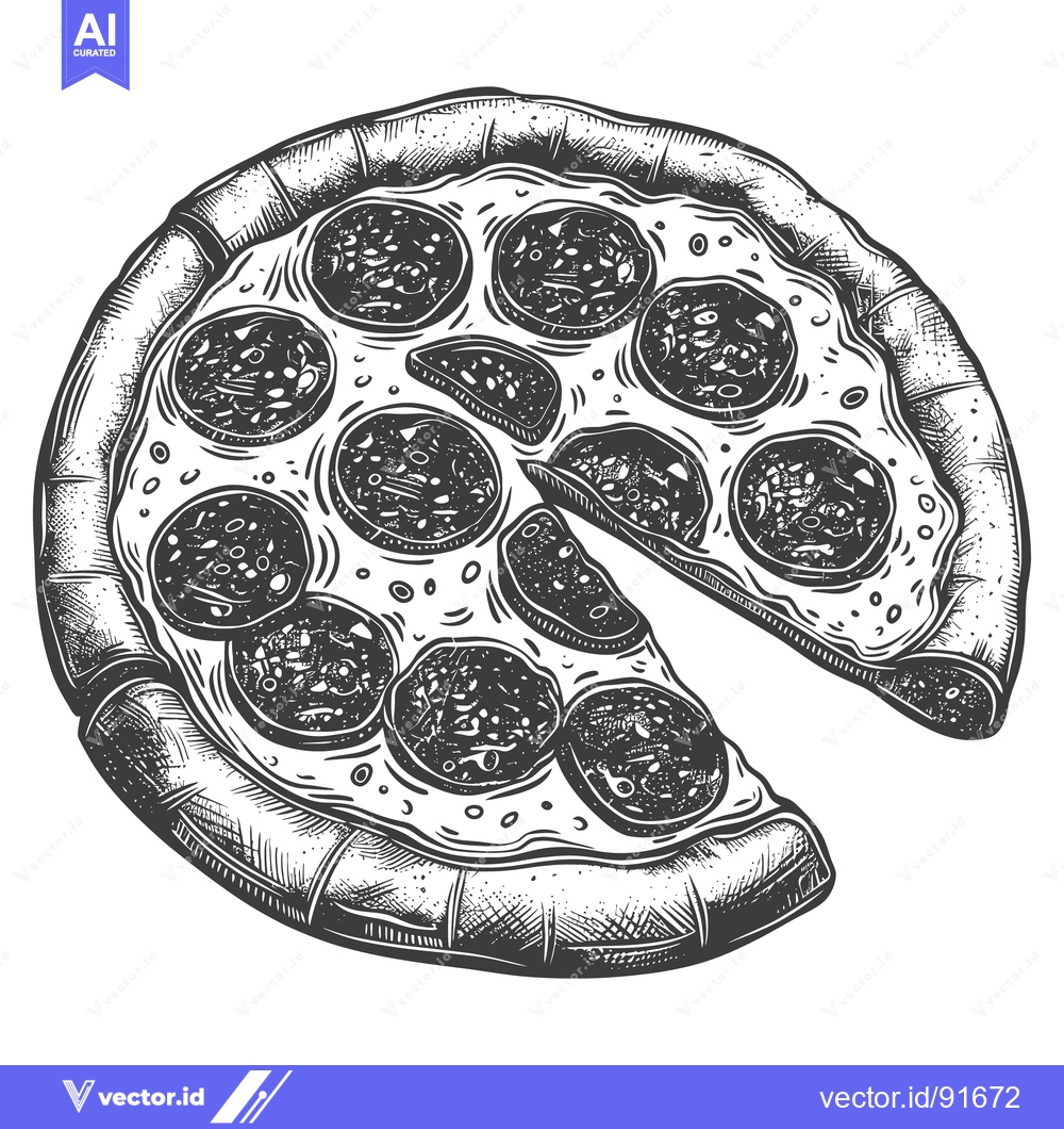 Premium Vector of Delicious Pizza Prepared With Pepperoni Slices And A Missing Slice