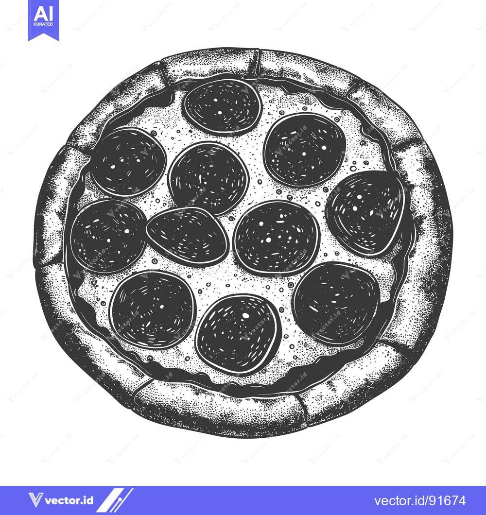 Premium Vector of A detailed black and white illustration of a pepperoni pizza