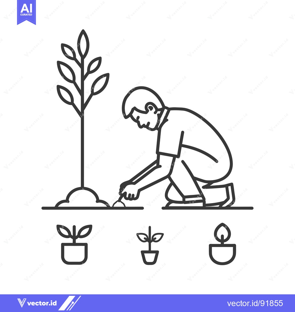 Premium Vector dari Person Planting a Tree with Three Saplings in Pots Below