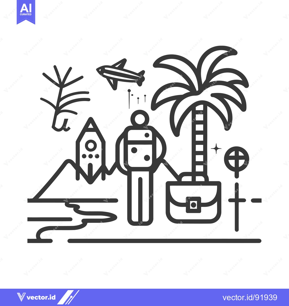 Premium Vector of Person Standing Between a Rocket, Palm Tree, and Suitcase with Airplan