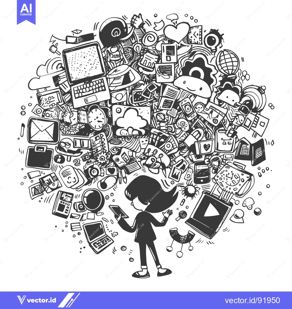Premium Vector dari Person Surrounded by Hand-Drawn Technology and Social Media Icons