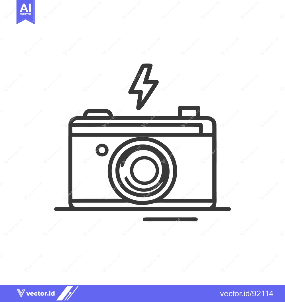 Premium Vector dari Minimalist Camera Icon with Flash Symbol, Black Outline on White Backg