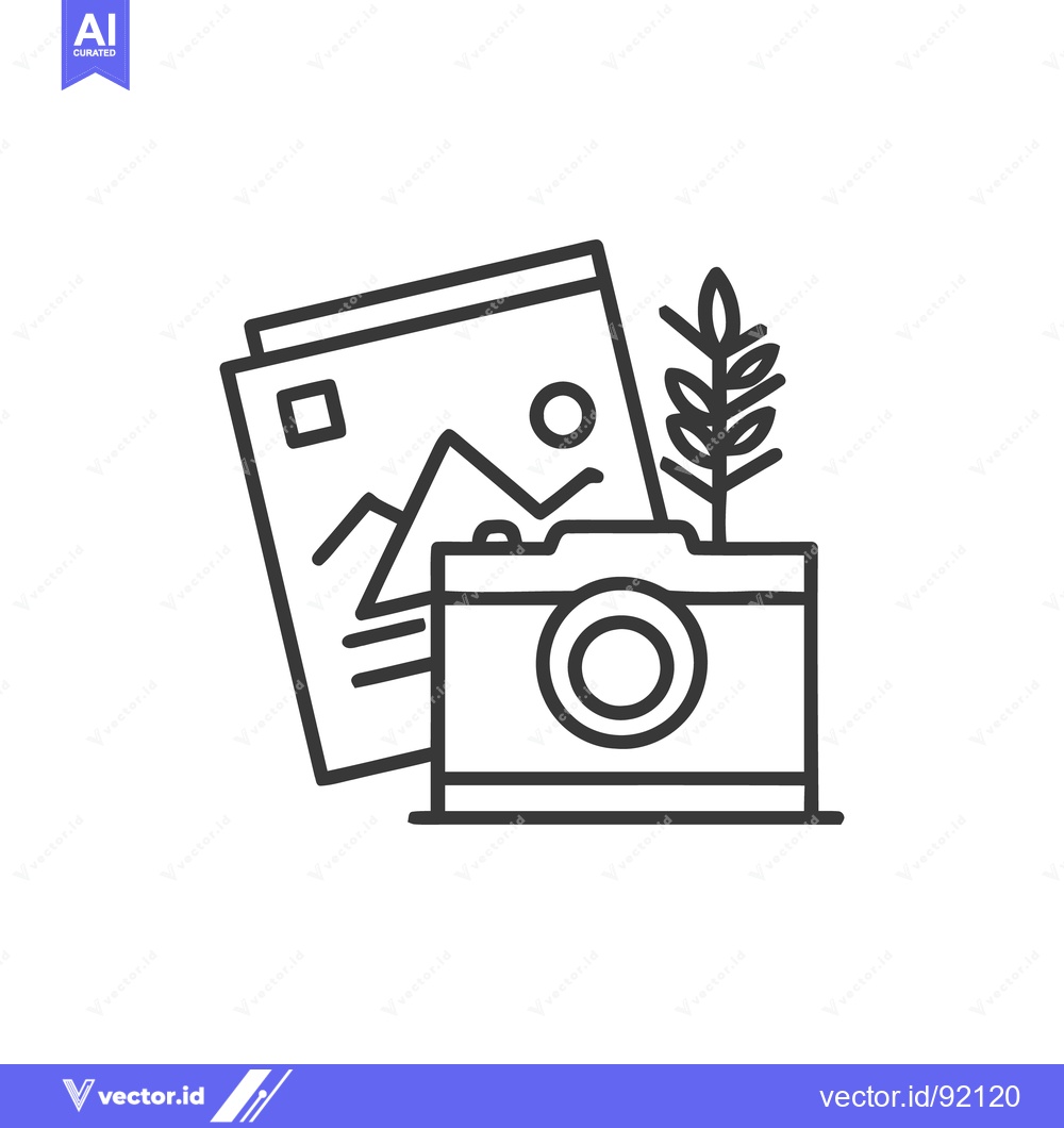 Premium Vector dari Minimalist Camera and Landscape Photo Icon with Plant Accent