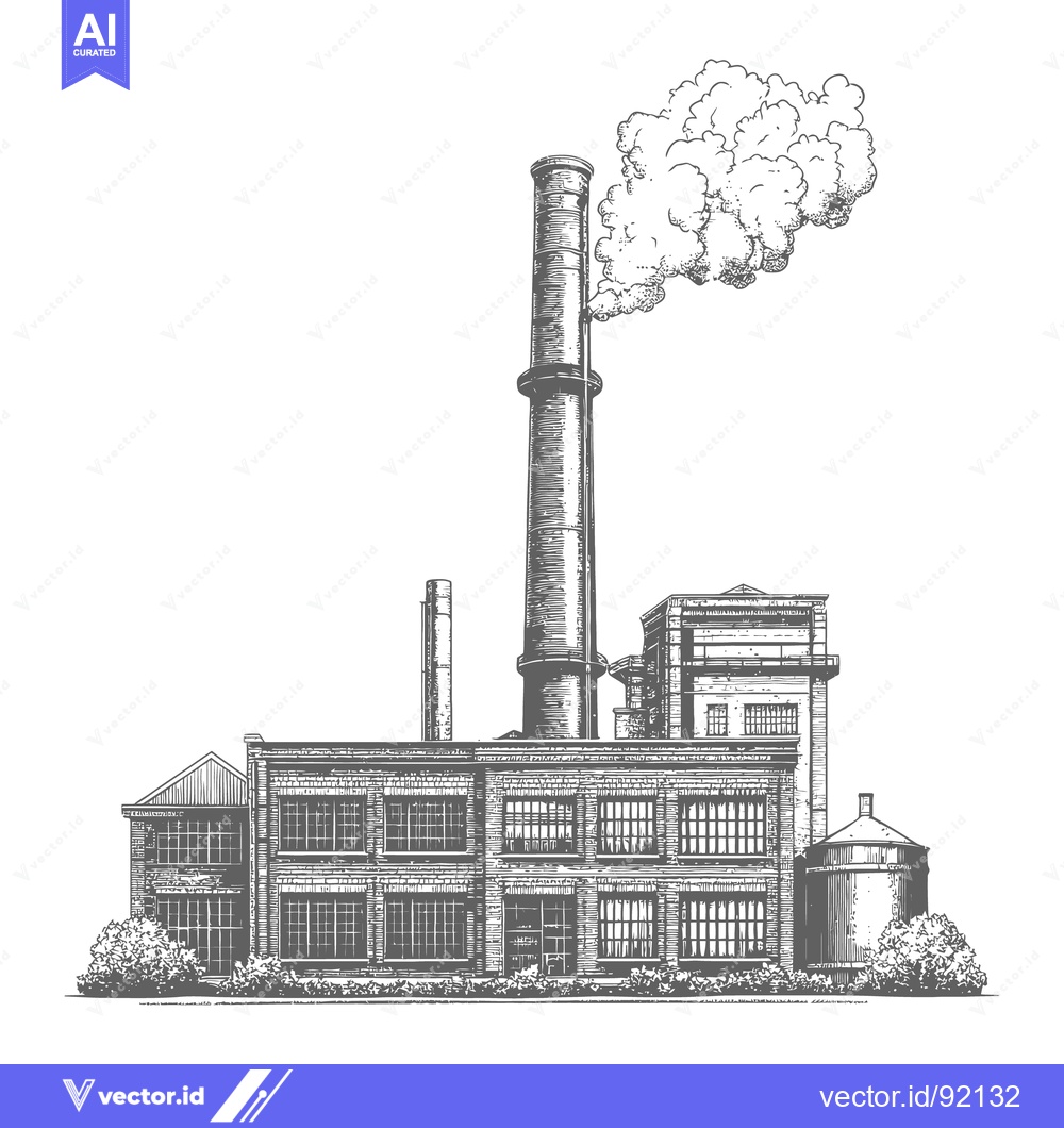 Premium Vector of A detailed illustration of a brick factory with smokestacks and smoke