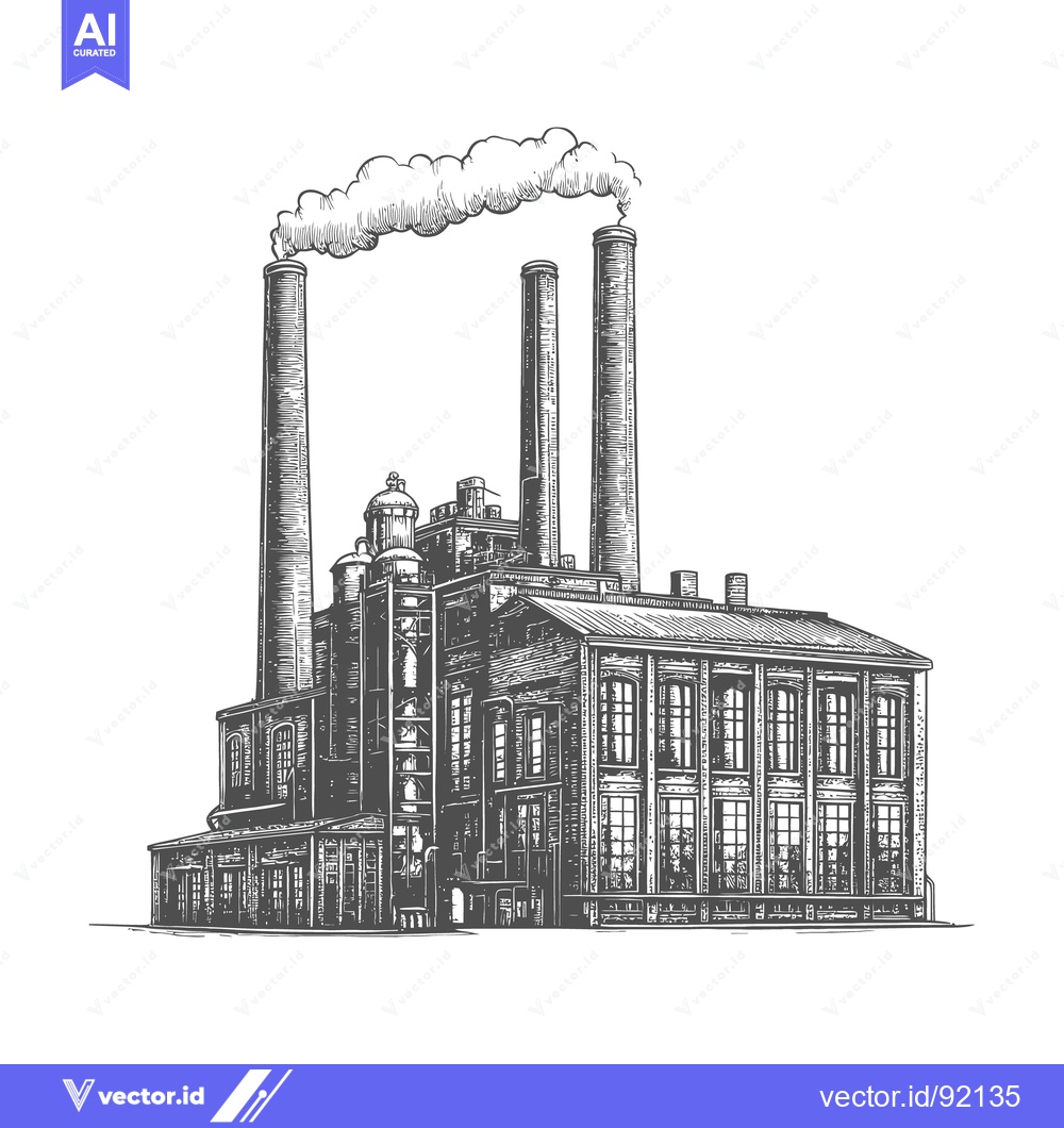 Premium Vector of A detailed grayscale illustration depicting an old factory with chimne