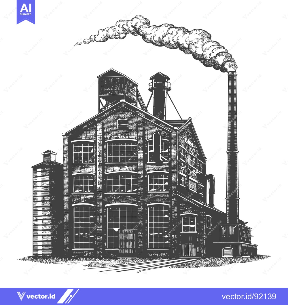 Premium Vector of A detailed monochrome illustration of an industrial brick factory buil