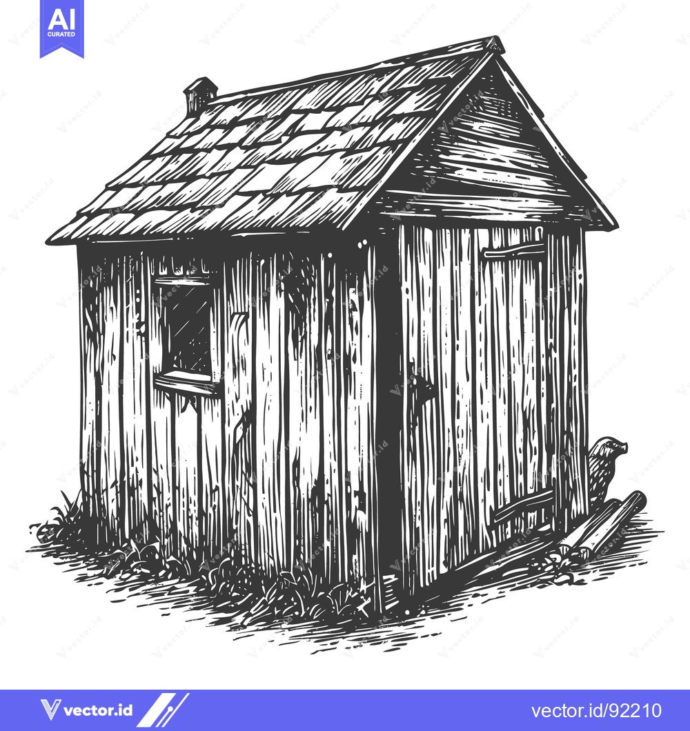 Premium Vector of A detailed illustration depicts a small weathered wooden shed building