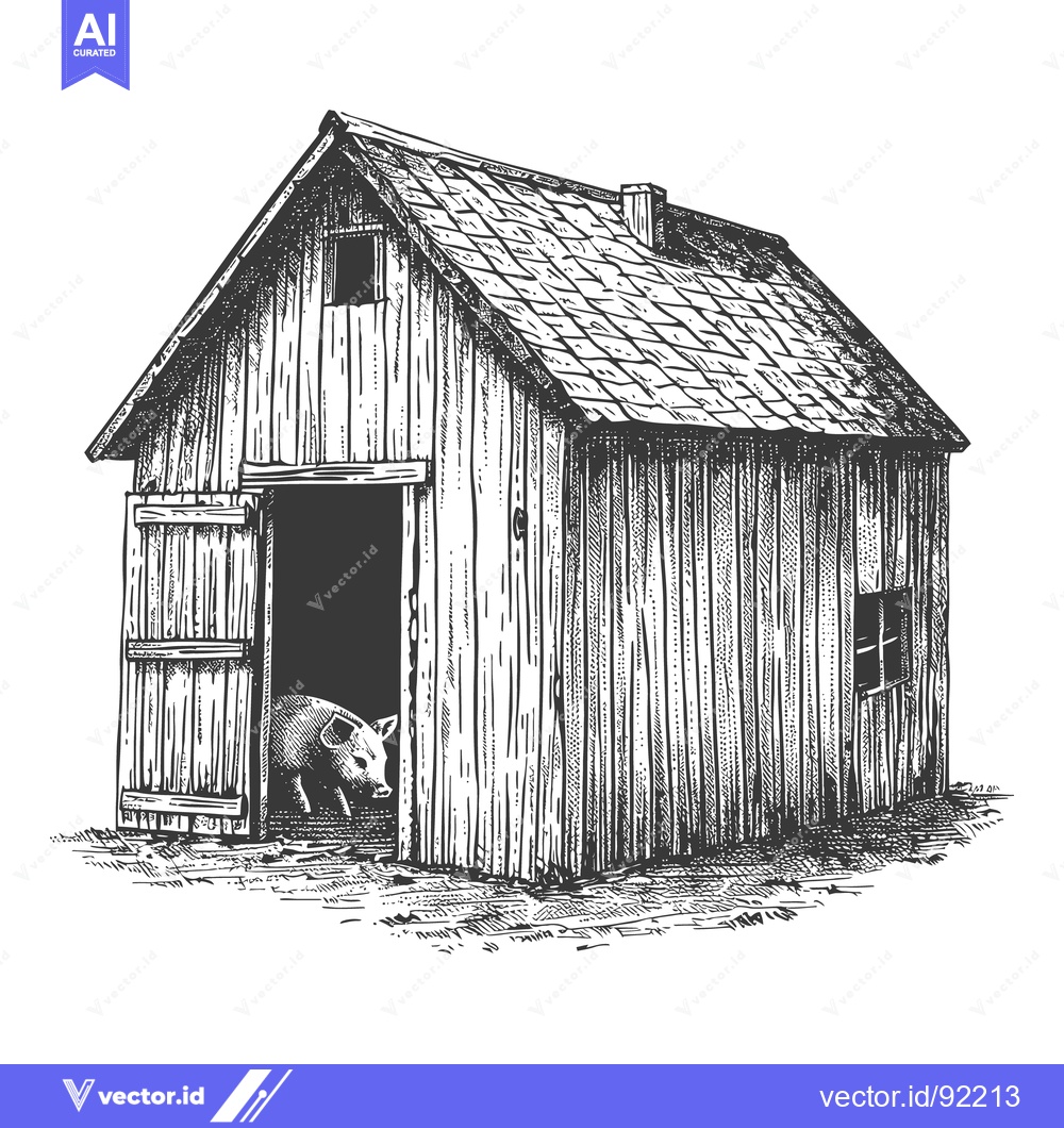 Premium Vector of A wooden barn with an open door and a pig inside