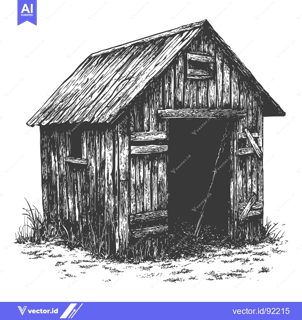 Premium Vector of A detailed black and white illustration of an old wooden shed