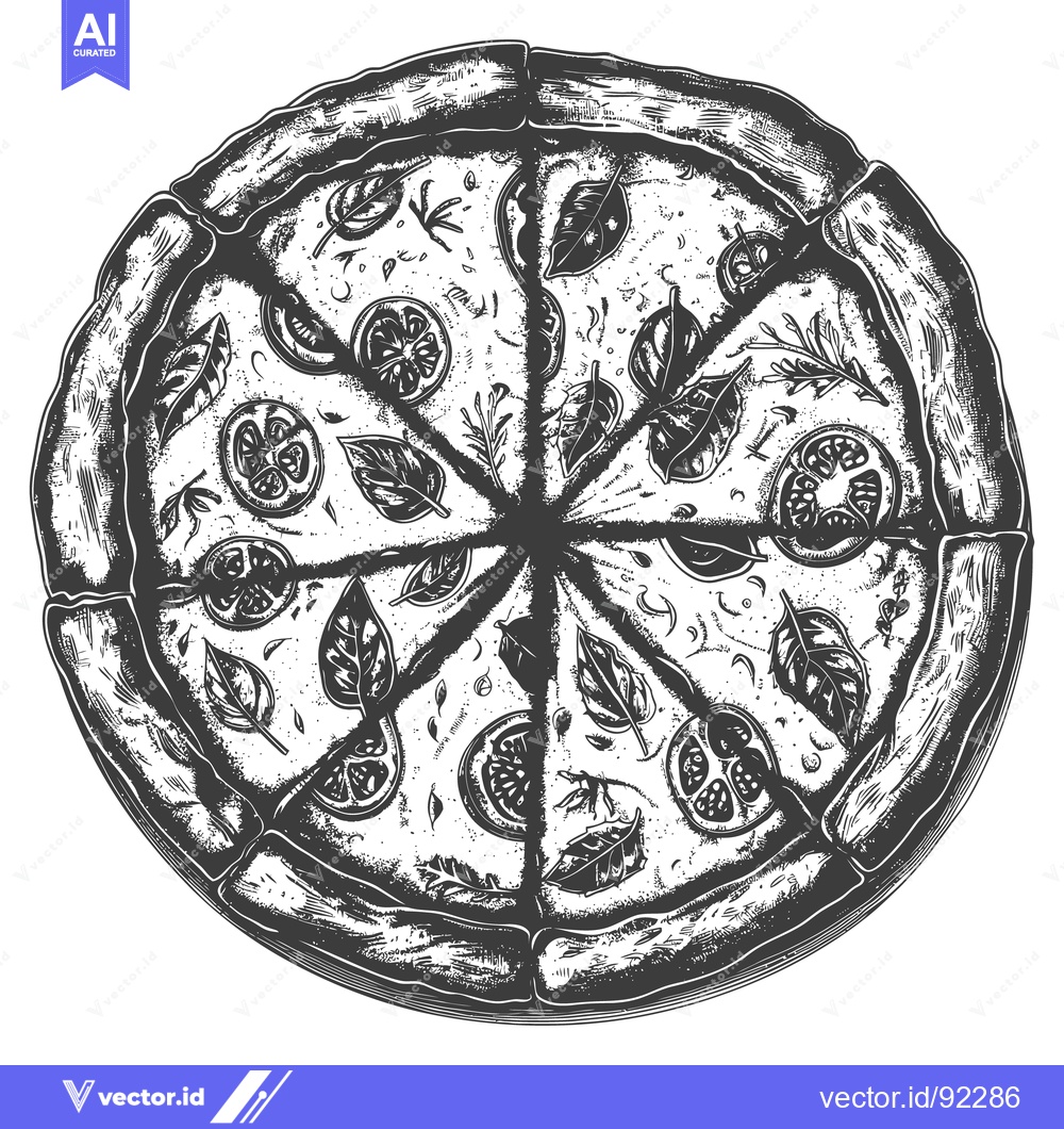 Premium Vector dari A round pizza cut into slices with tomato and leaf toppings