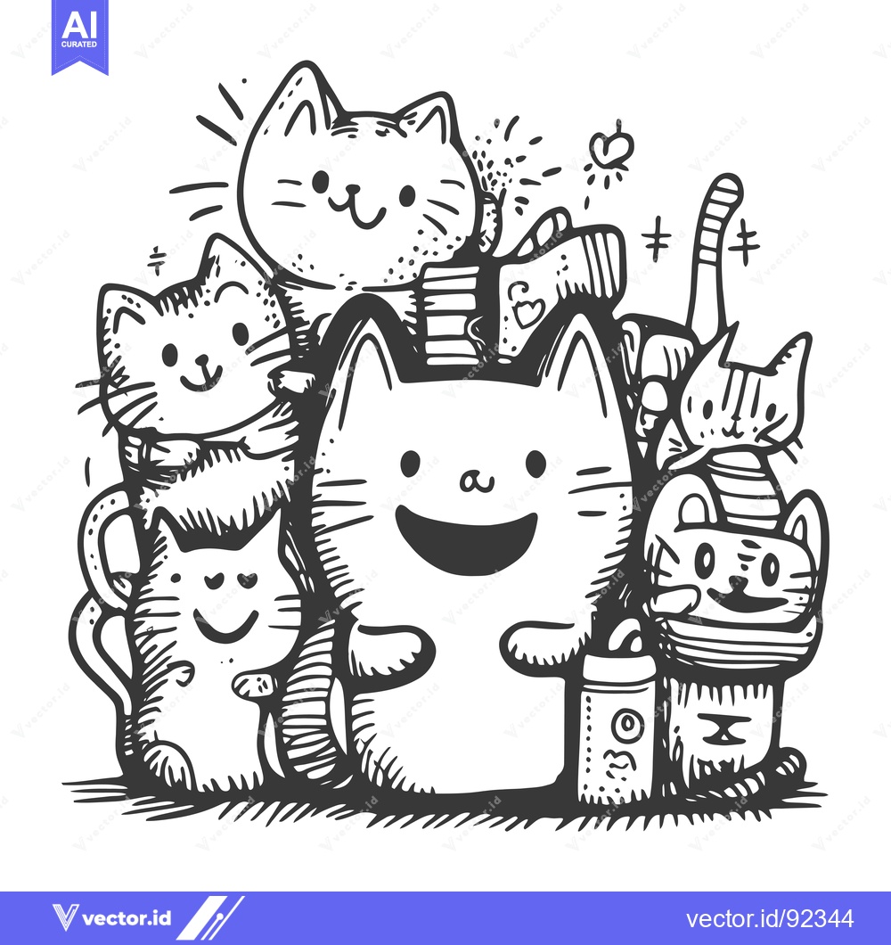 Premium Vector of Playful Doodle Illustration of Multiple Cats with Hearts and Stars
