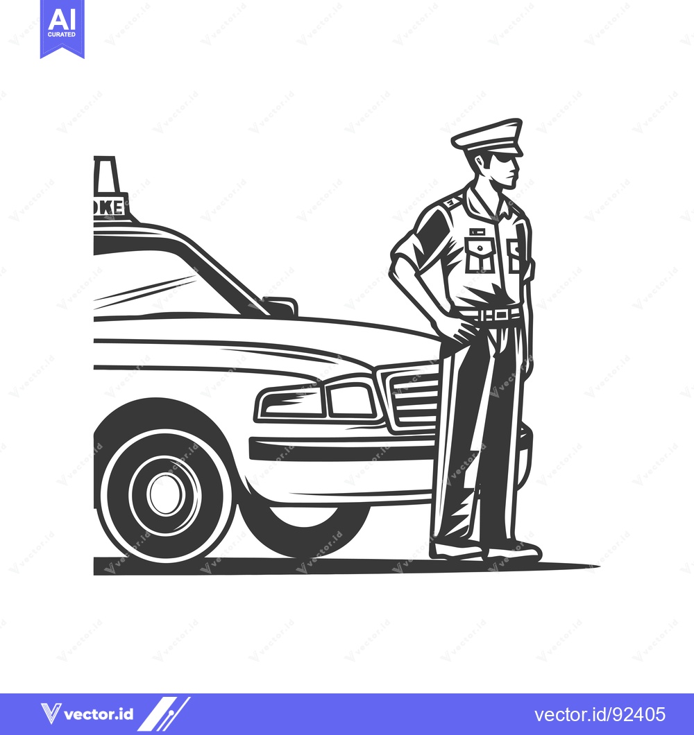 Premium Vector of Police Officer Standing Next to a Police Car