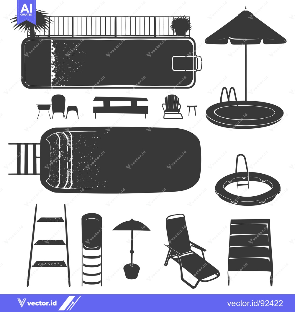 Premium Vector dari Pool and Patio Silhouette Set with Ladders, Chairs, and Umbrella