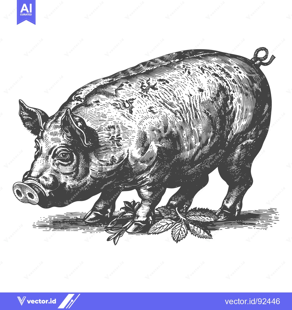 Premium Vector of A Detailed Engraving Depicts a Pig Grazing on Some Herbs