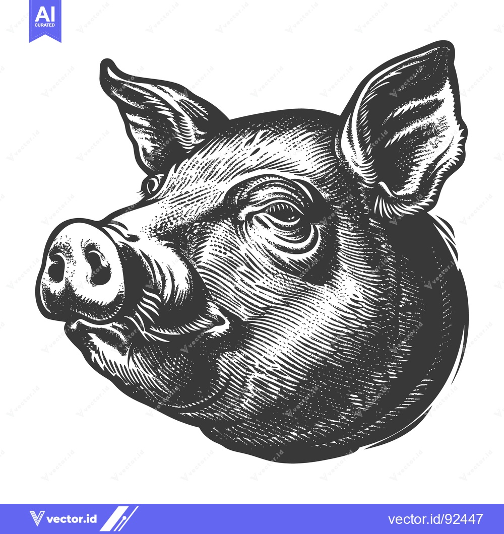 Premium Vector of Detailed monochrome illustration showcasing the head of a domestic pig