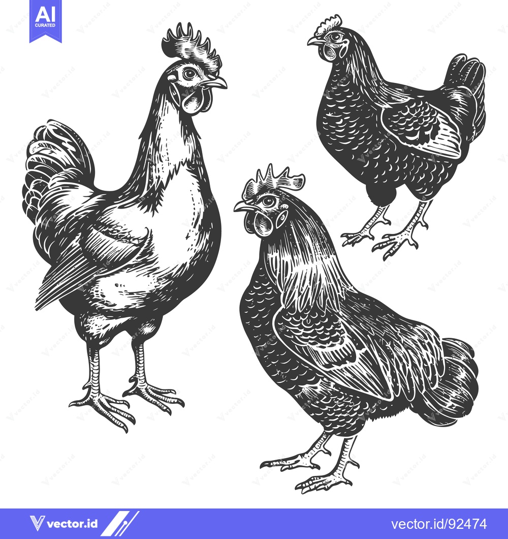Premium Vector of Three detailed artistic black and white illustrations of poultry anima