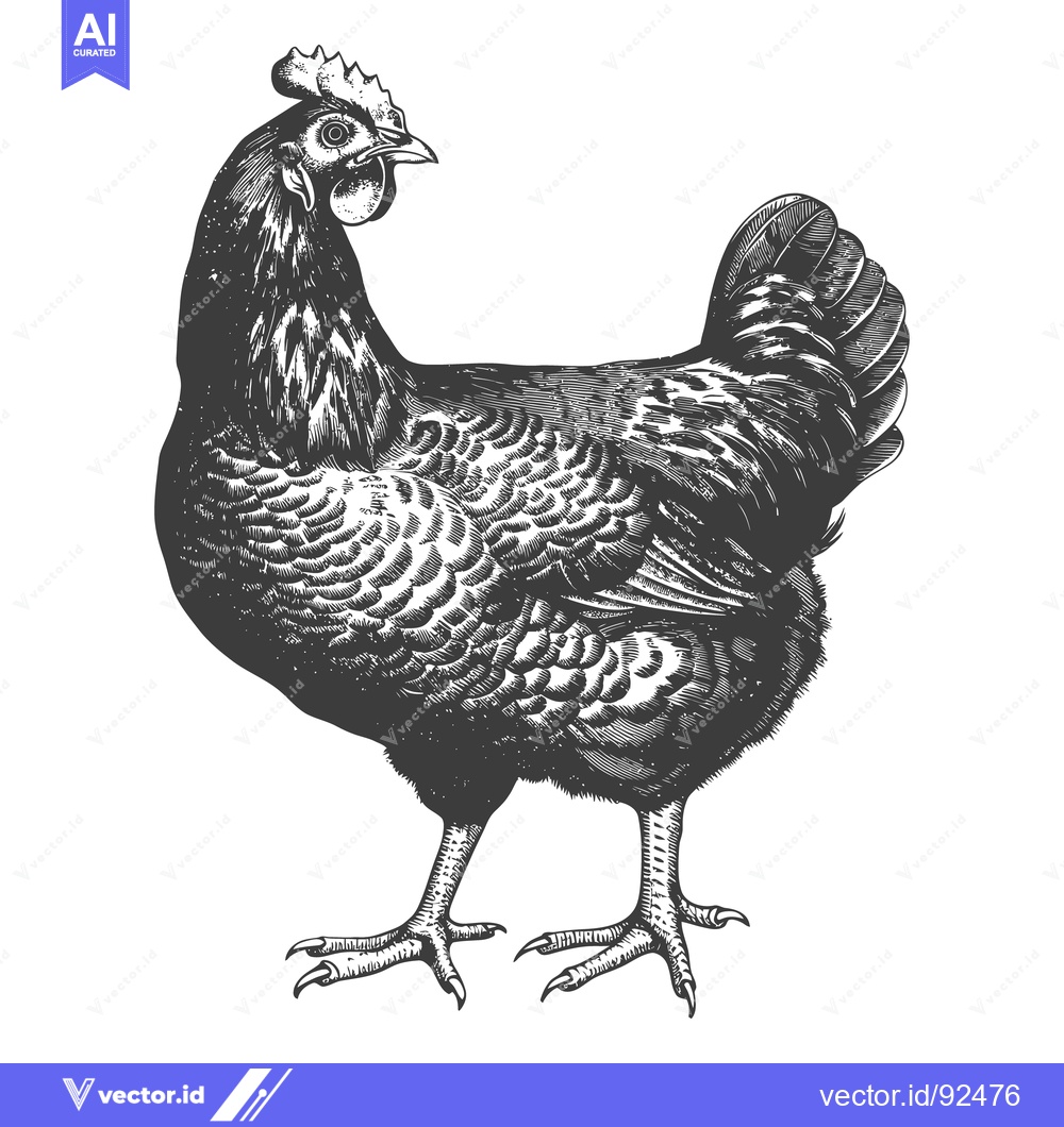 Premium Vector of A detailed black and white illustration depicts a standing chicken