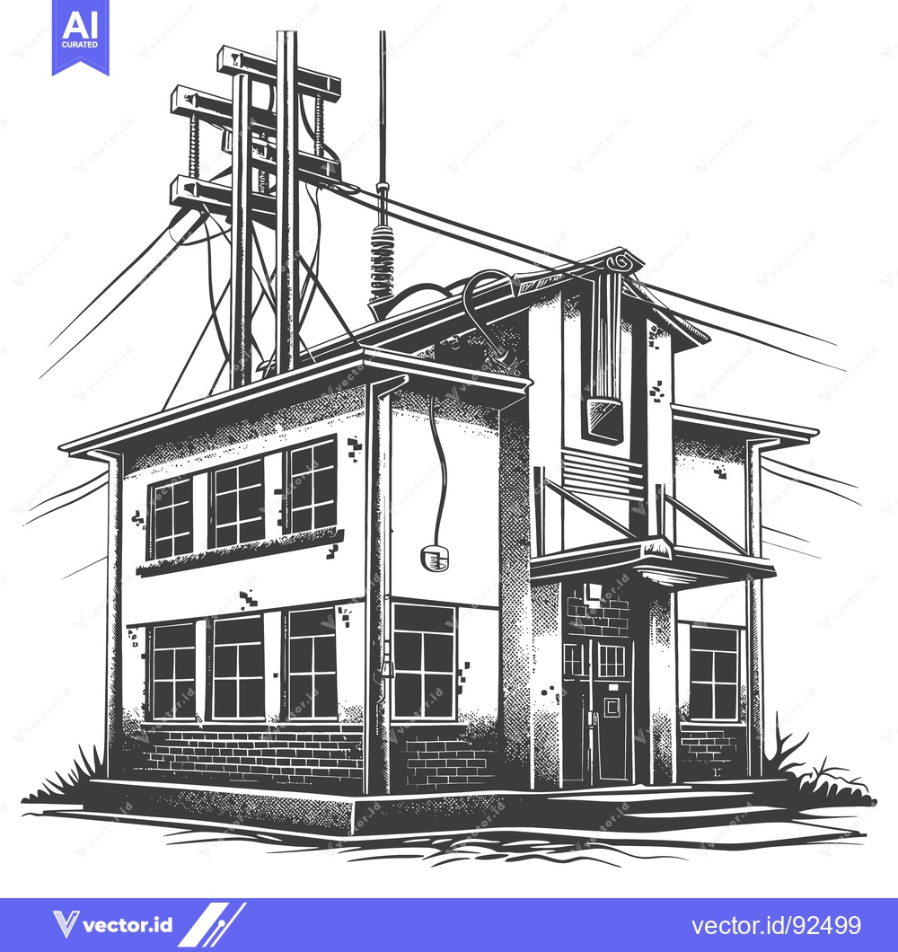 Premium Vector of A detailed black and white illustration of a utility building