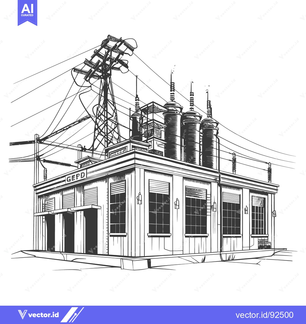 Premium Vector of Detailed black and white illustration of a power plant building