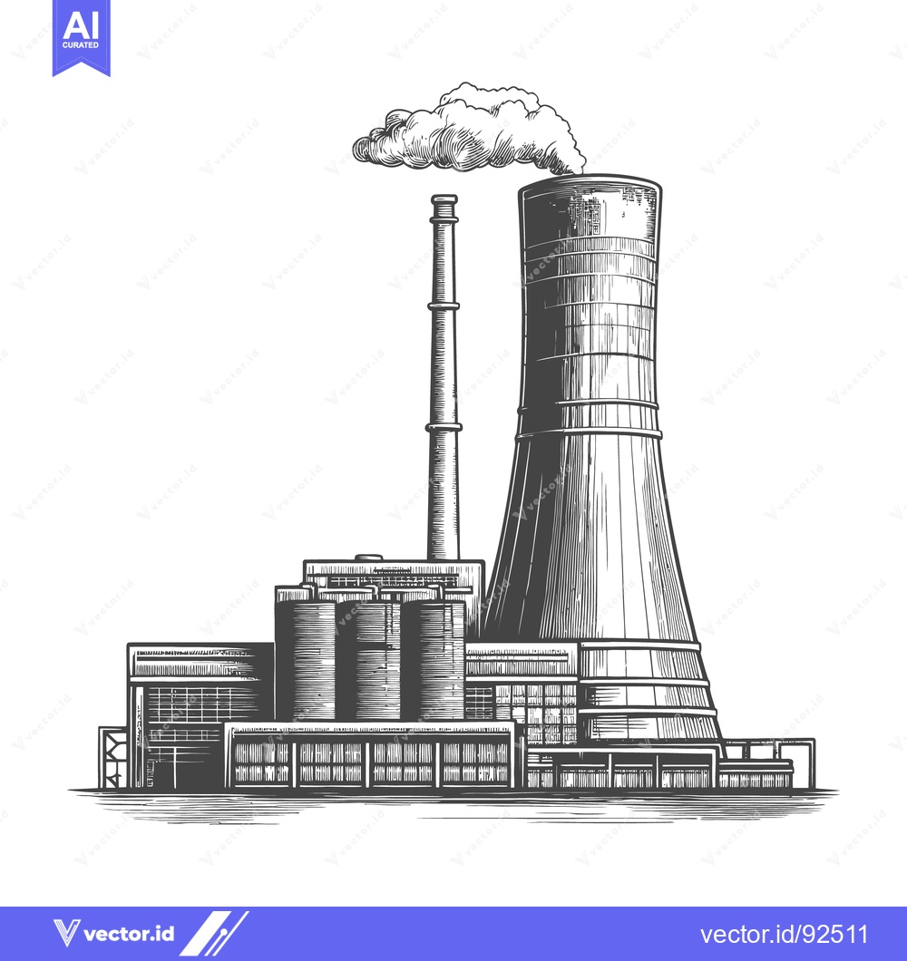 Premium Vector of A detailed black and white illustration of a power generating plant