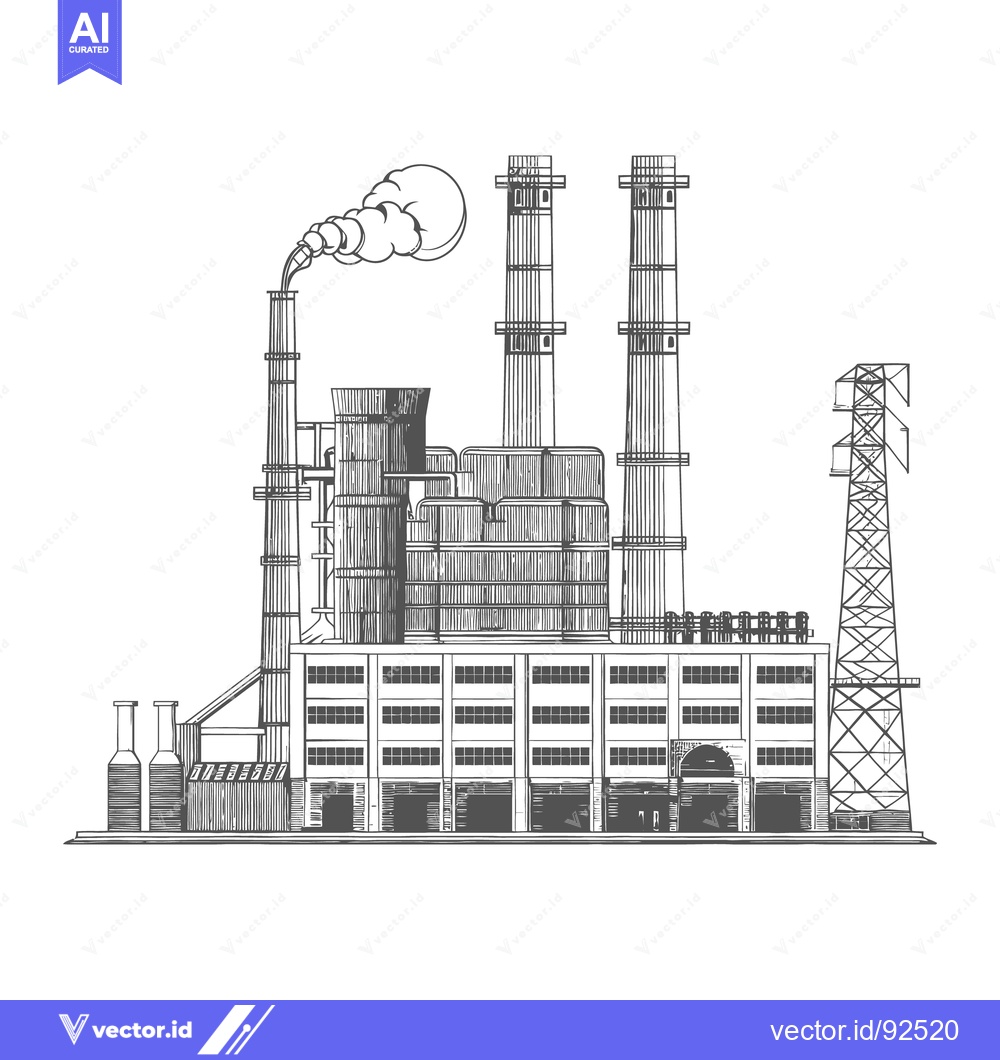 Premium Vector of A detailed monochrome illustration depicts a large industrial factory