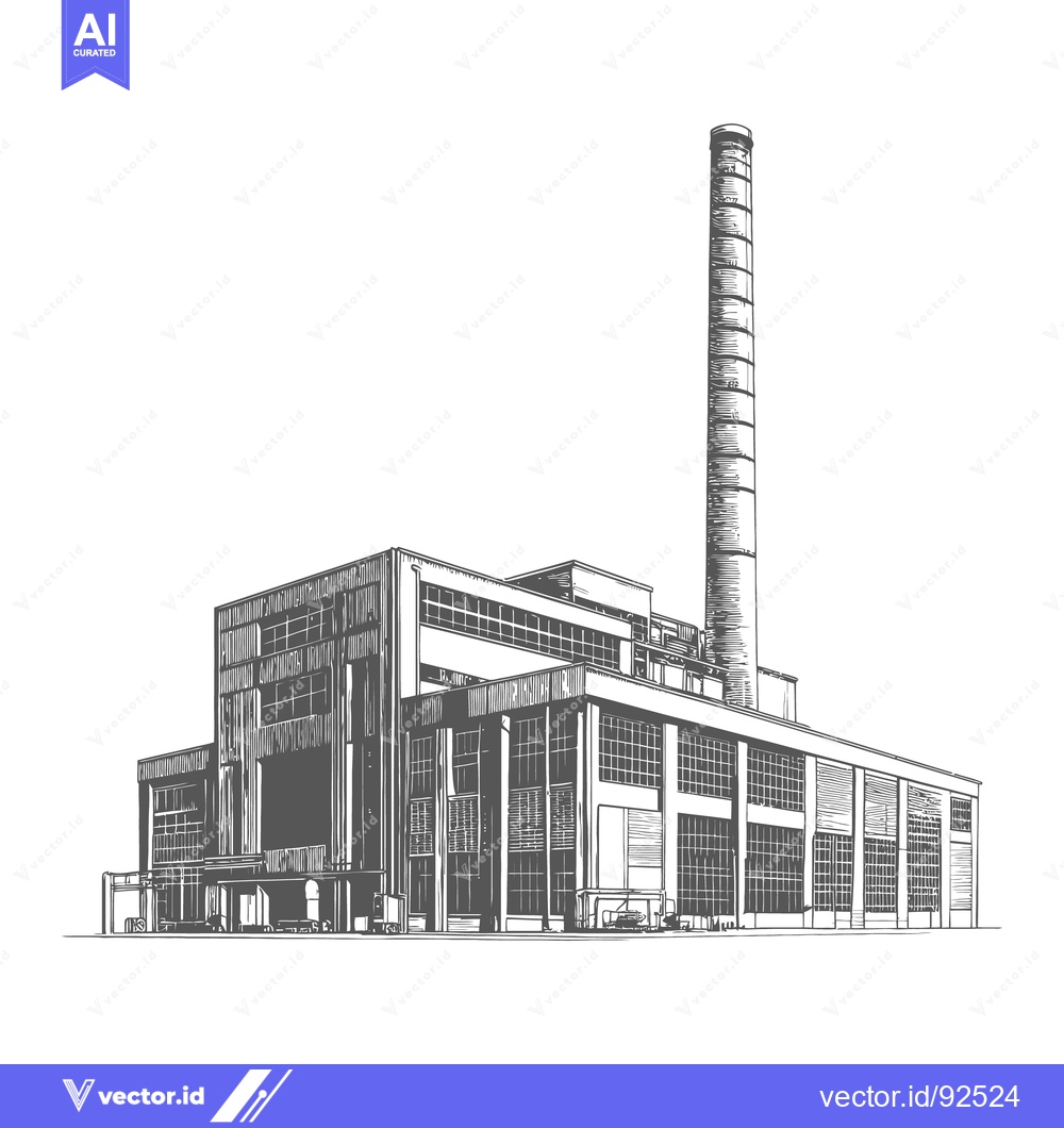 Premium Vector dari An industrial building with a tall chimney drawn in grayscale lines