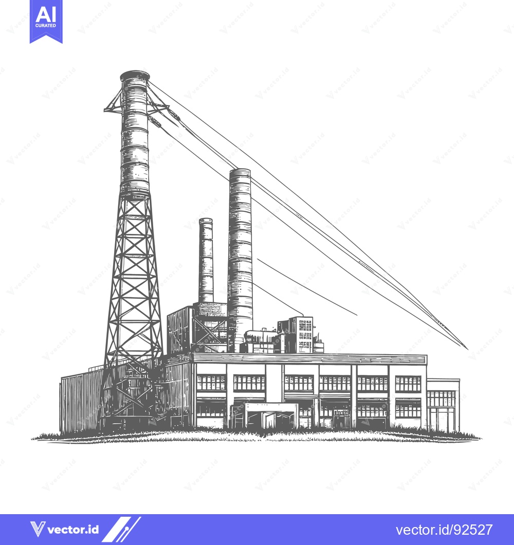Premium Vector dari Industrial building with tall smokestacks and transmission lines prese