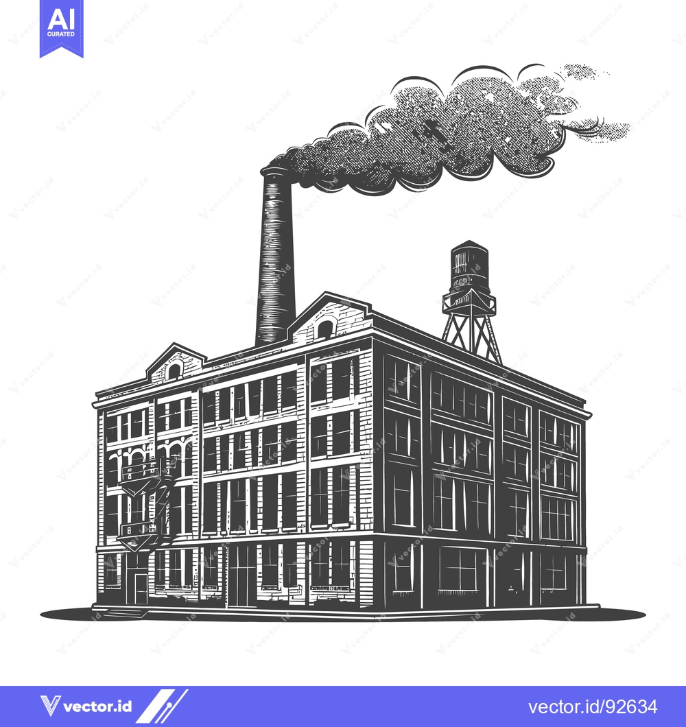 Premium Vector of A detailed black and white drawing of an industrial building