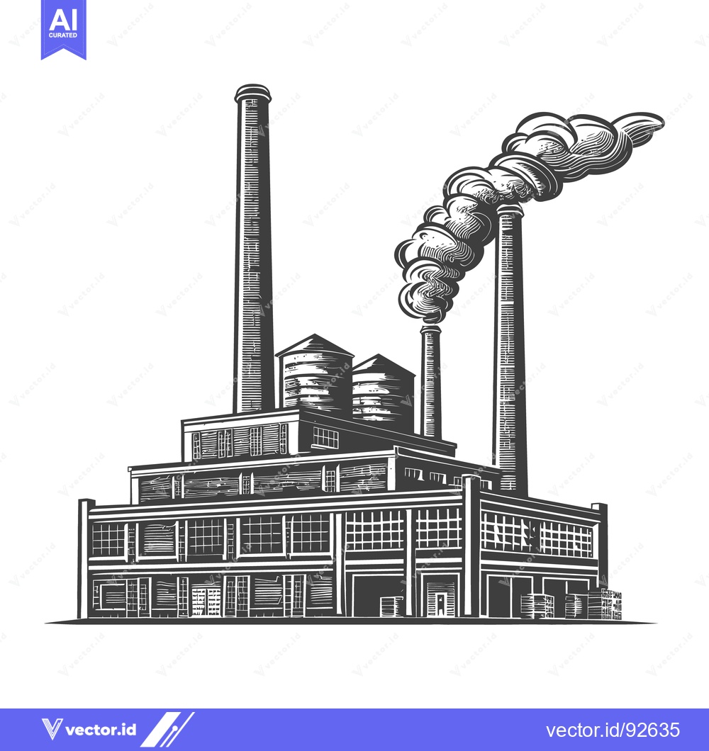 Premium Vector dari Industrial factory building emits smoke through multiple tall smokesta