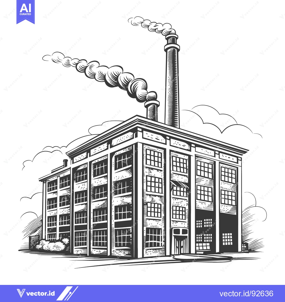 Premium Vector of Detailed illustration of a factory building with smoking chimneys in t