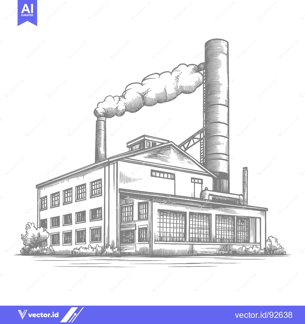 Premium Vector of An illustrated factory building with visible smoke billowing from chim