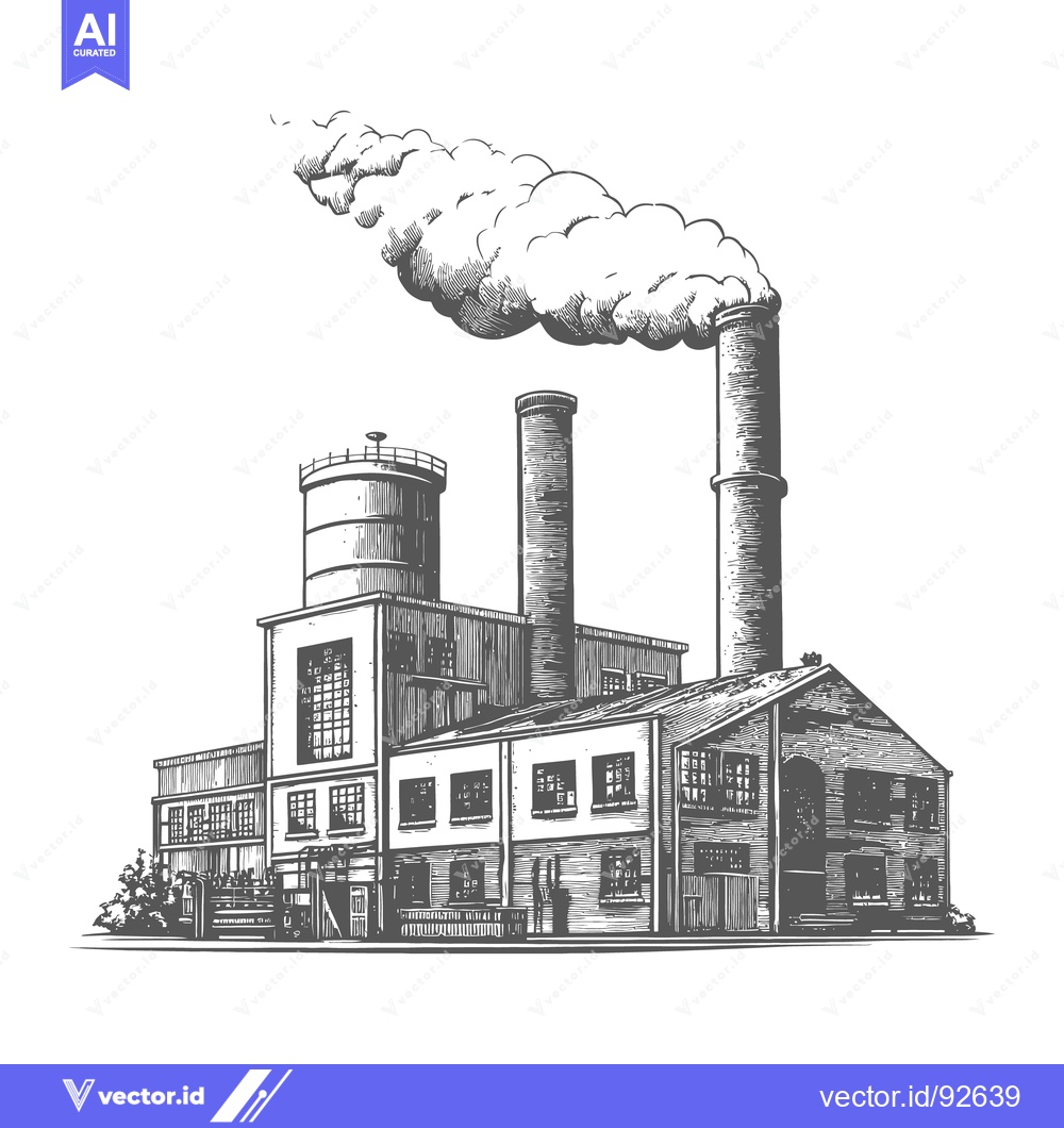 Premium Vector dari Detailed industrial factory illustration with smoke plumes against a b