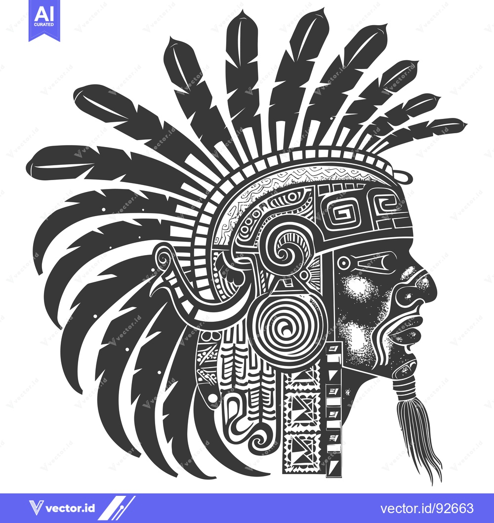 Premium Vector of Profile of a Native American Warrior with Elaborate Feathers and Headw