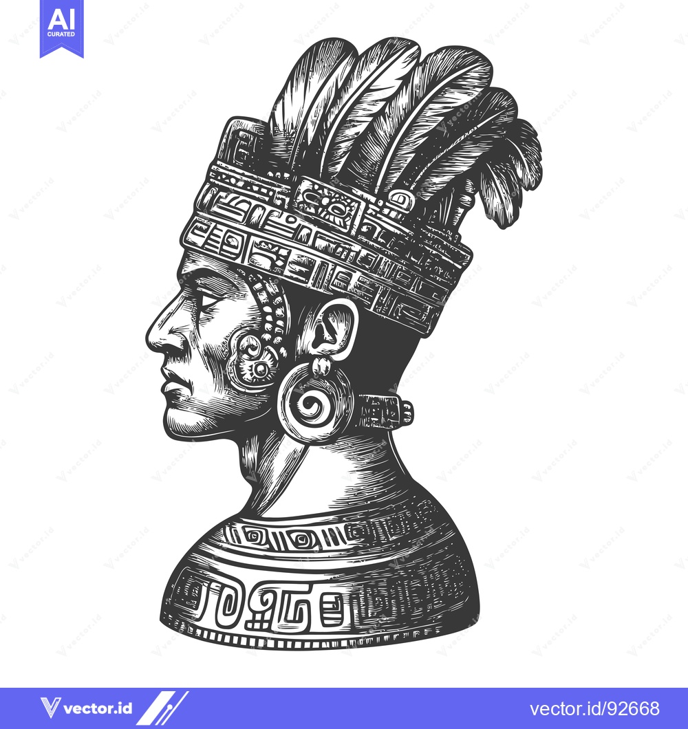 Premium Vector dari Profile of an Aztec Man Wearing a Headdress with Feathers