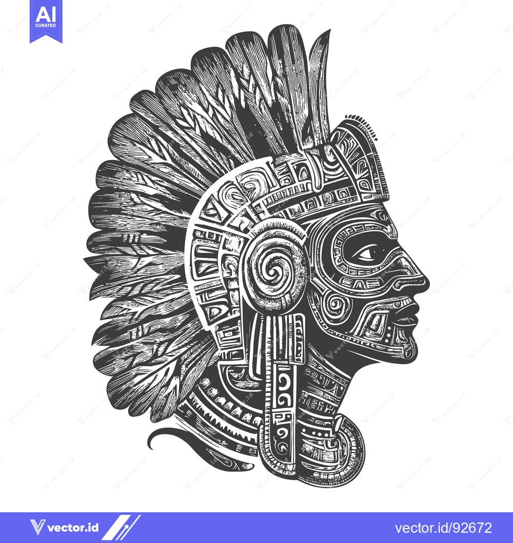 Premium Vector dari Profile of an Aztec Warrior Wearing a Feathered Headdress and Ornate M